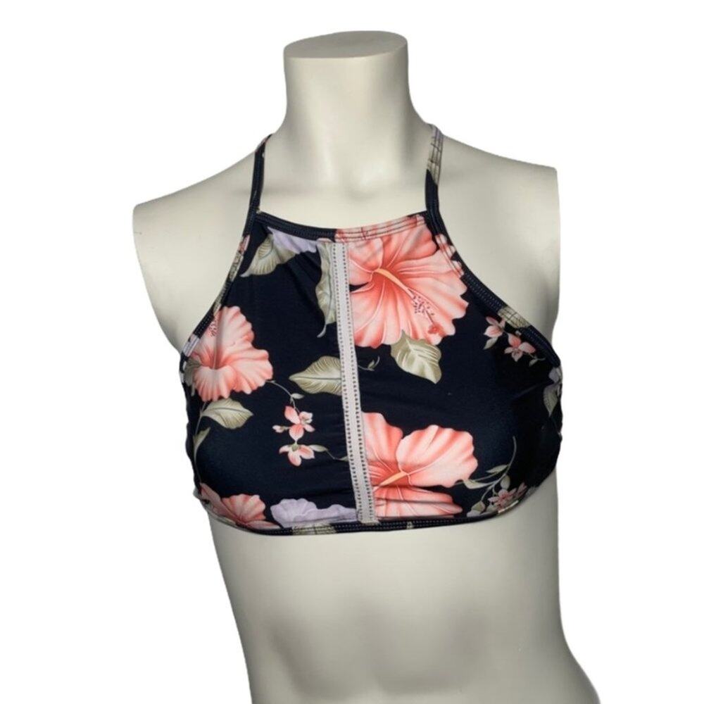 C Apparel L black floral hibiscus cross back top